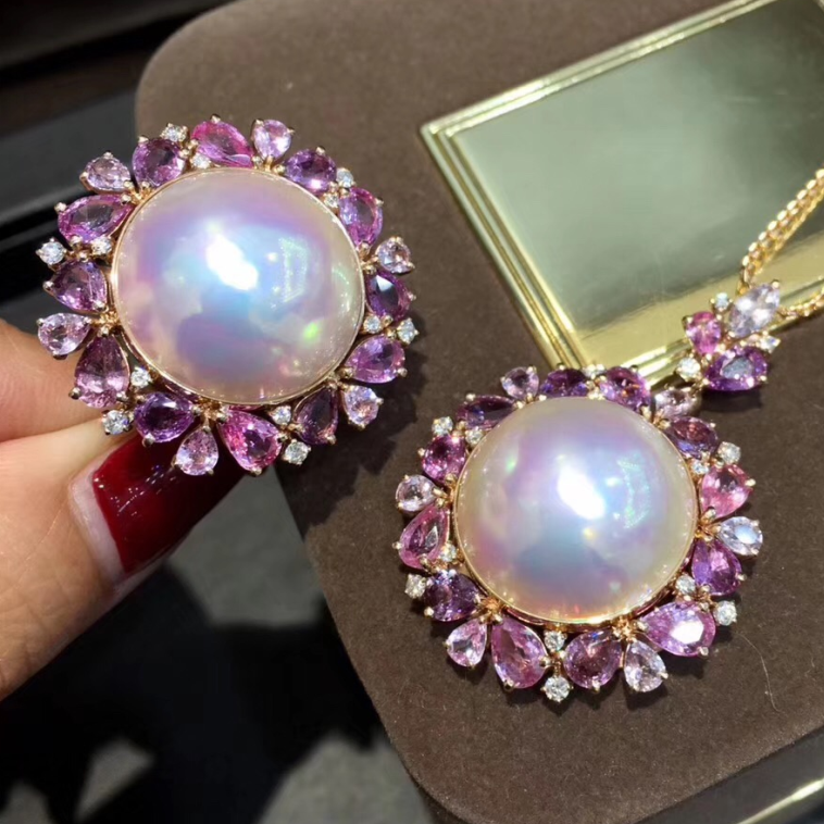 18K金蓝宝石19-20mm天然海水日本樱花粉玛贝大珍珠太阳花吊坠戒指