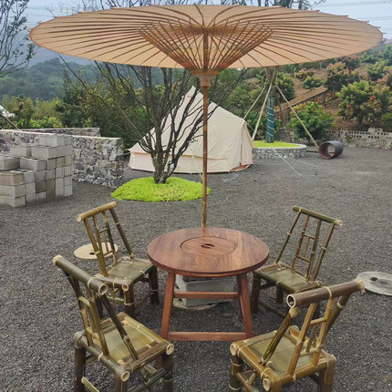 老榆木实木炭火炉围炉煮茶桌竹椅子组合户外烧烤火锅复古园形高桌