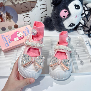 2026新款水钻蝴蝶玛丽珍帆布鞋厚底儿童布鞋软底女童幼儿园室内鞋