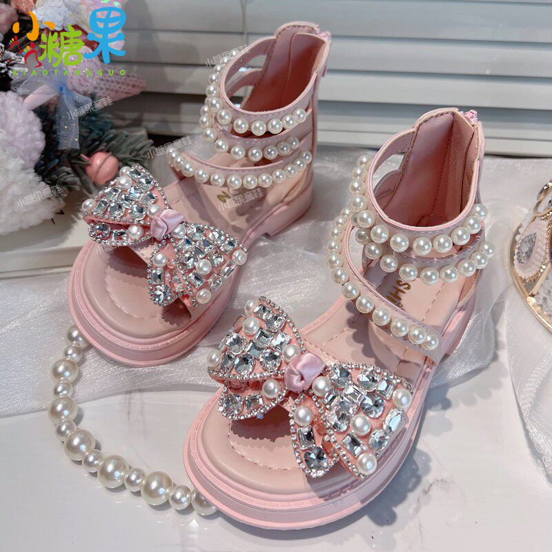 儿童女生凉鞋夏款2026爆款女孩粉色水钻蝴蝶罗马公主鞋女童水晶鞋
