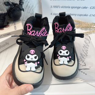 儿童黑色高帮运动鞋2025新款秋冬季皮面加绒女童老爹鞋薄绒二棉鞋