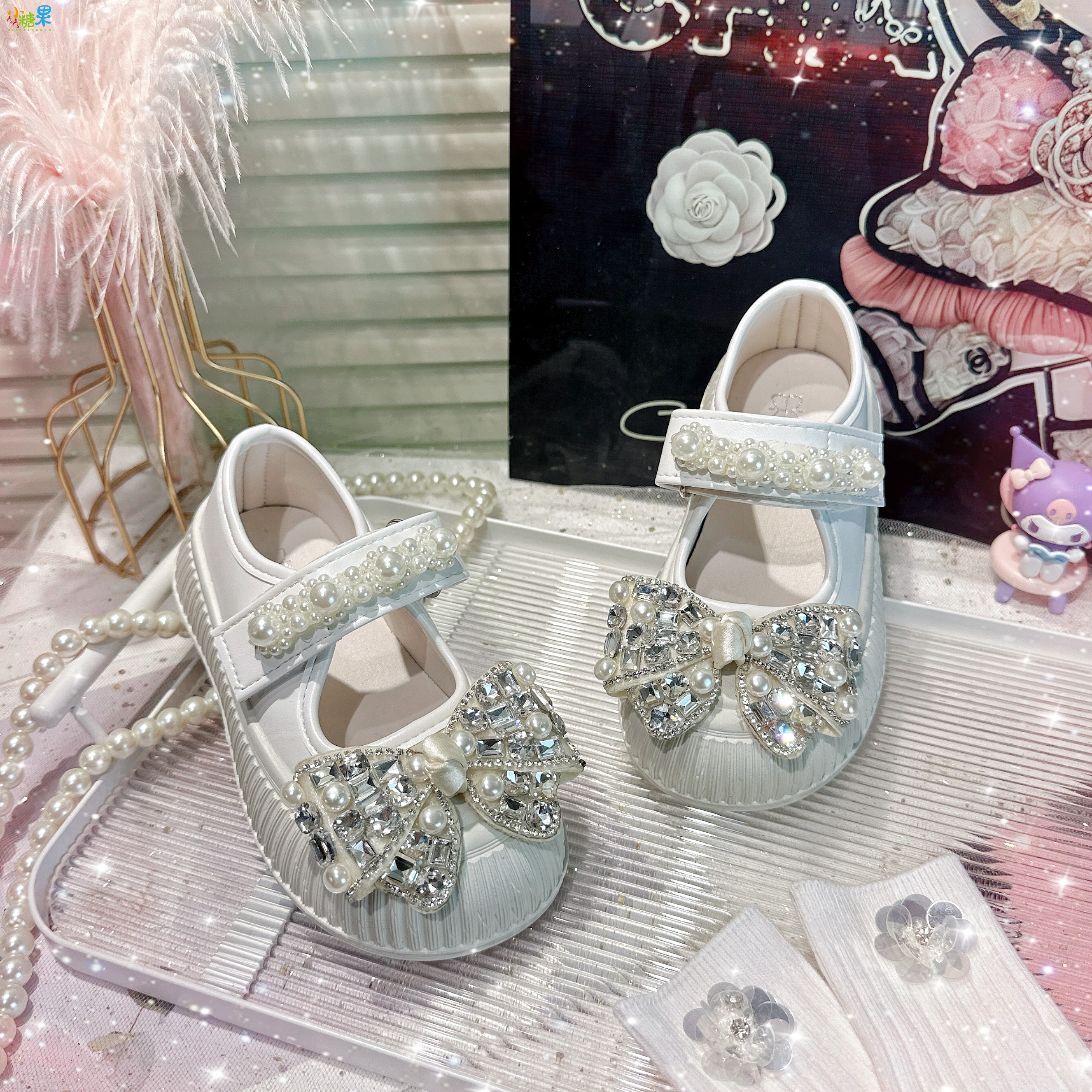 珍珠水钻蝴蝶结玛丽珍帆布鞋浅口女童春秋季饼干鞋透气儿童室内鞋