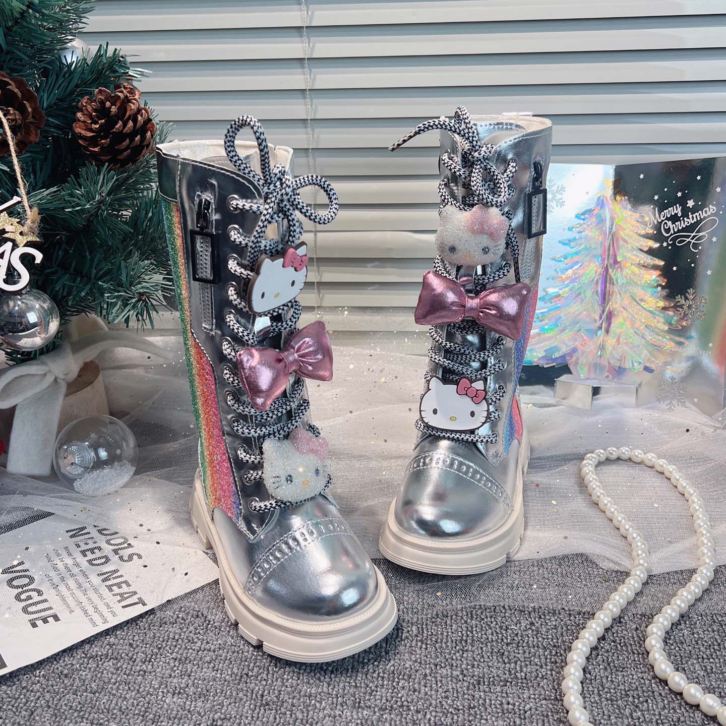 女童鞋子银色马丁靴春款长筒靴2026新款春季儿童单里皮靴儿童靴子