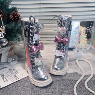 女童鞋子银色马丁靴春款长筒靴2026新款春季儿童单里皮靴儿童靴子