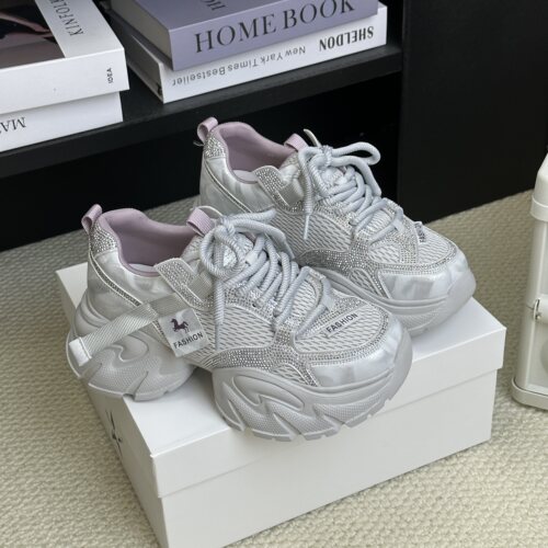 水钻银色女老爹鞋6CM厚底透气