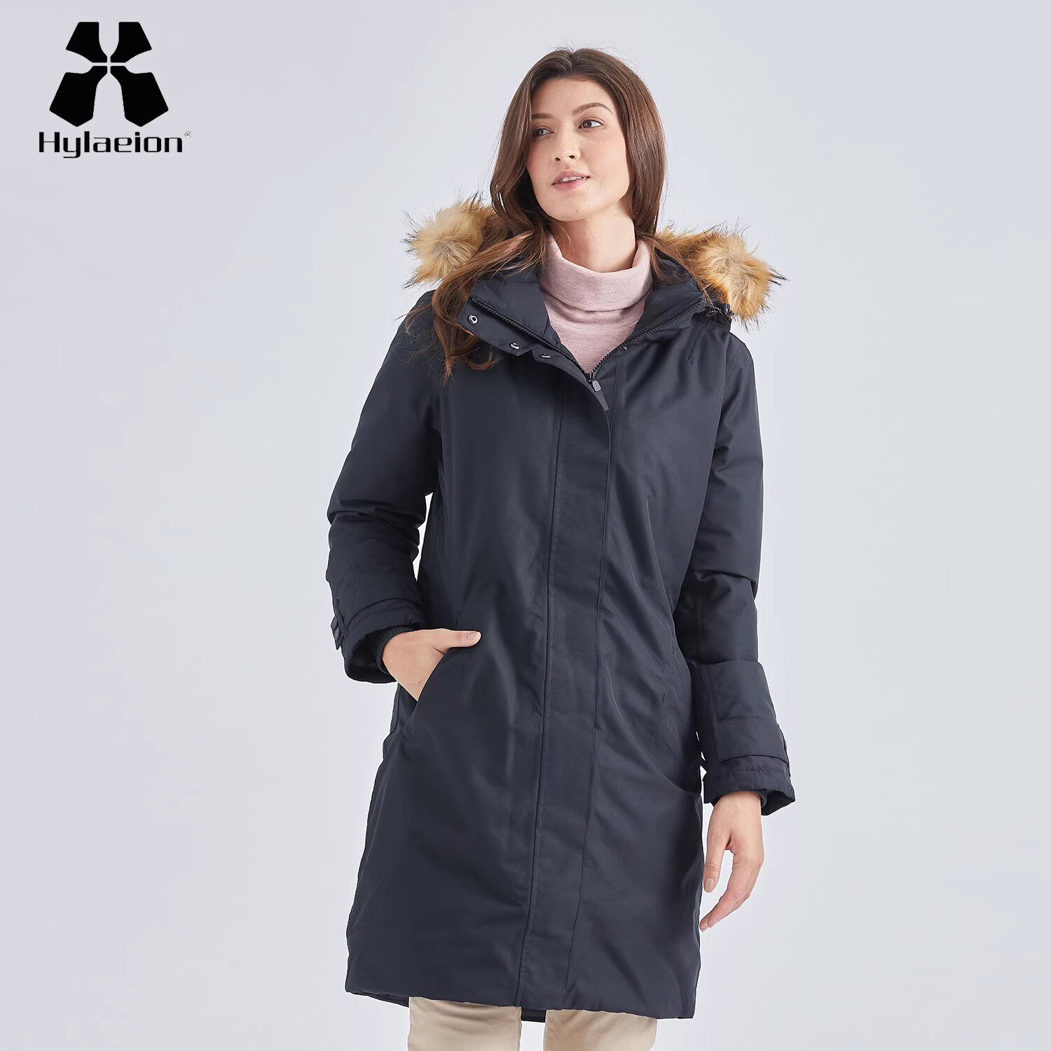 hylaeion热带雨林户外羽绒服女士中长款保暖黑色风衣冬季防风夹克