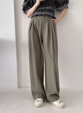 包邮！2722#LY垂感高腰绿色宽松休闲裤  0.56KG