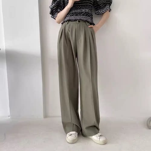 包邮！2722#LY垂感高腰绿色宽松休闲裤  0.56KG