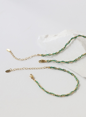 闺蜜礼物~彩绳宝蓝青绿珠光套装钛钢镀18K金手链脚链