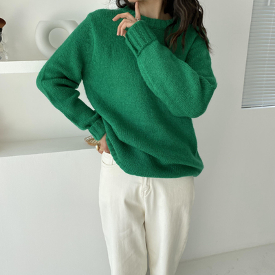 包邮！7090#宽松大版中长款拼色领子厚实粗毛线套头毛衣  0.63KG