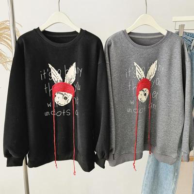 慵懒风~兔子立体小红毛线帽气质加绒圆领长袖卫衣叠穿上衣 0.63KG