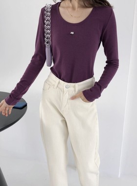 包邮！J3060#超弹！超软！气质U领百搭长袖字母打底衫 0.24KG