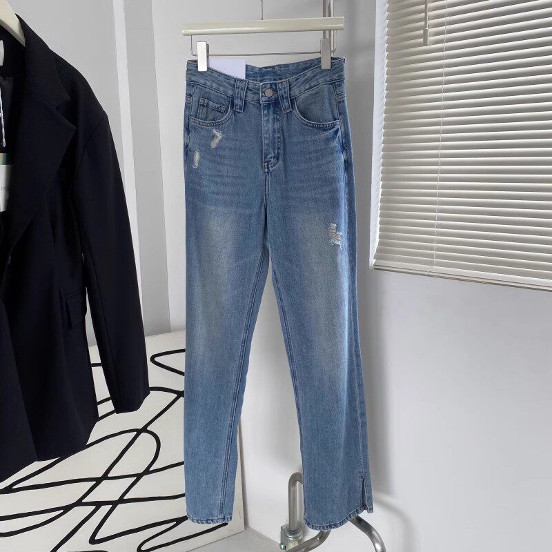 包邮！118#磨破柔软质感高腰直筒裤脚开叉牛仔裤  0.62KG