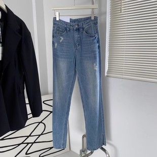 脚开叉牛仔裤 磨破柔软质感高腰直筒裤 118 0.62KG 包邮