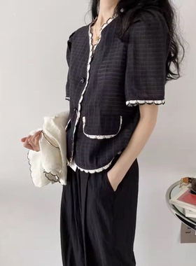 包邮！5752#编织月牙肌理感显瘦V领单排扣短袖上衣开衫   0.11KG