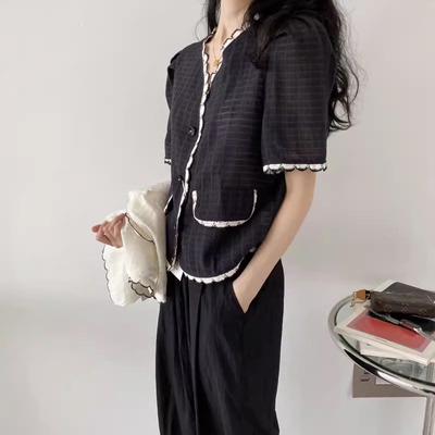 包邮！5752#编织月牙肌理感显瘦V领单排扣短袖上衣开衫   0.11KG