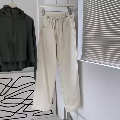 包邮！95096#YZZ 高腰ins风米白色直筒牛仔裤    0.48KG