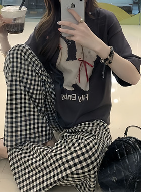 圆领可爱猫咪印花立体蝴蝶结短袖深灰色T恤女宽松显瘦减龄上衣