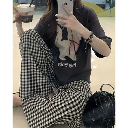 圆领可爱猫咪印花立体蝴蝶结短袖深灰色T恤女宽松显瘦减龄上衣