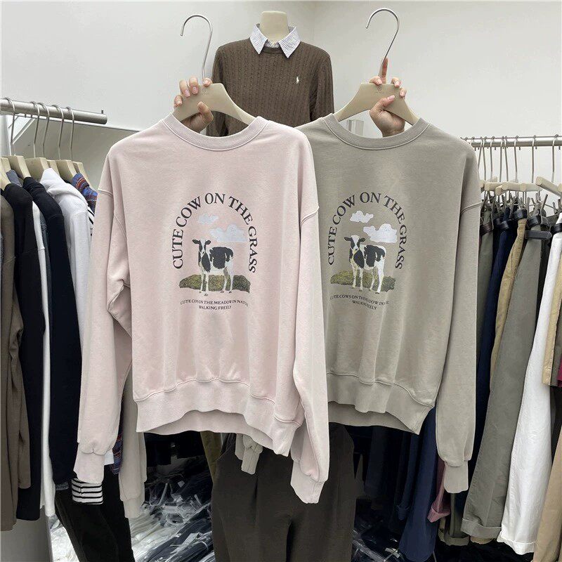 包邮！3702# JTENGC 奶牛图案圆领长袖宽松休闲卫衣0.54KG