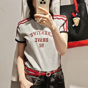 U家同款 复古修身 圆领螺纹撞色字母短袖 T恤 美式
