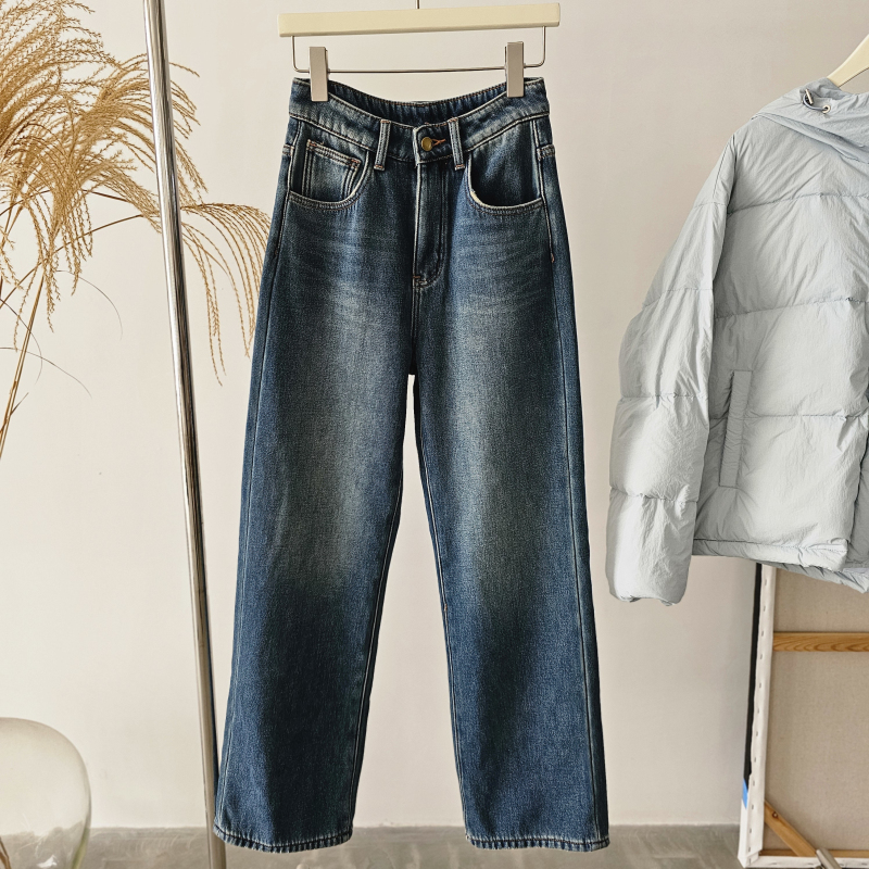 1698#柔软植绒水洗蓝高腰牛仔裤宽松直筒裤  0.83KG