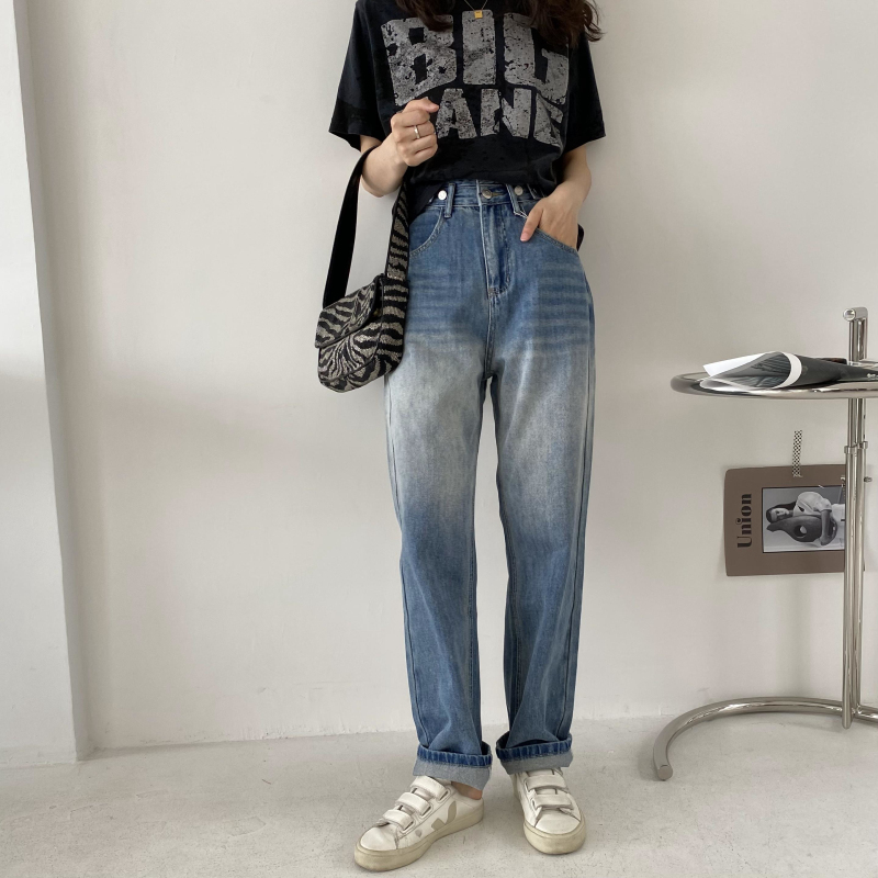 2857#渐变高腰多扣牛仔裤