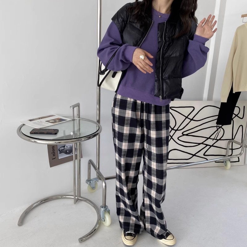 包邮！749#慵懒风~松紧高腰抽绳宽松版格子休闲裤直筒裤  0.5KG