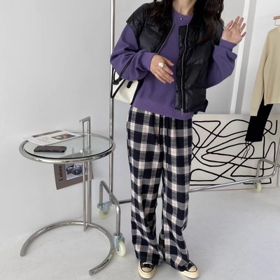 包邮！749#慵懒风~松紧高腰抽绳宽松版格子休闲裤直筒裤  0.5KG