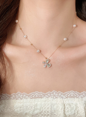 轻奢气质~18k真金电镀锆石简约精致优雅蝴蝶珍珠项链锁骨链颈链