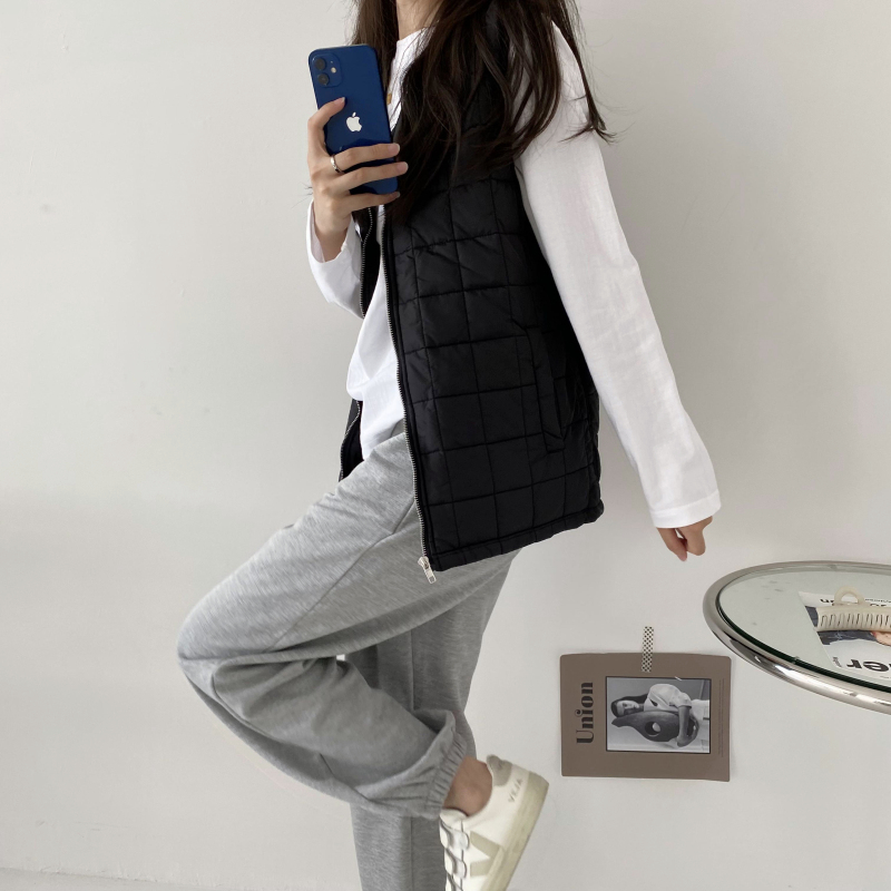 黑色格子拉链马夹马夹