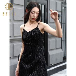 连衣裙女 百丝吊带流苏中长裙性感V领设计感黑色爆款 2025秋季 新品