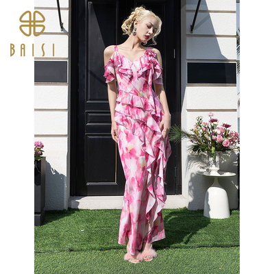 2026春季新品百丝法式不对称长裙印花小众设计感露肩吊带连衣裙女