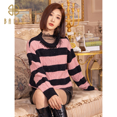 2025冬季 上衣女 格调保暖圆领长袖 新品 百丝可盐可甜撞色条纹针织衫