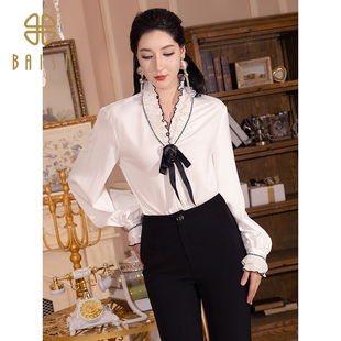 2025冬季新品百丝知性优雅喇叭袖V领衬衫韩系休闲温柔穿搭上衣女