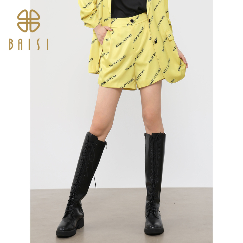 百丝个性字母logo复古风阔腿裤2024秋季新品高腰多巴胺A字短裤女