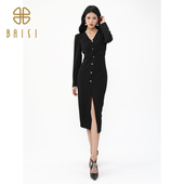 百丝赫本风V领开叉包臀长裙2024秋季 新品 御姐女神范收腰连衣裙女