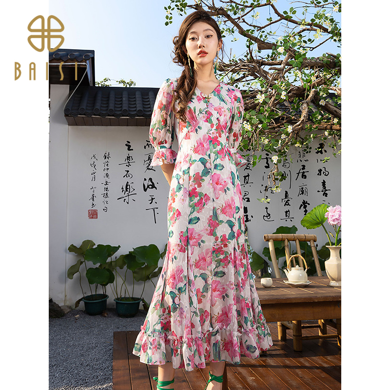 2025秋季新品百丝V领碎花长裙仙女气质温柔风休闲泡泡袖连衣裙女