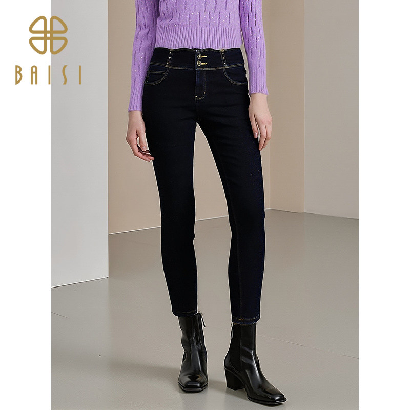 2025冬季新品百丝职场通勤保暖紧身牛仔裤洋气时髦高腰加绒长裤女