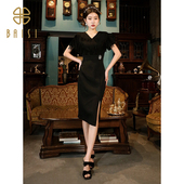 2025夏季 连衣裙女 V领中长裙设计感开叉流苏短袖 新品 百丝气质修身