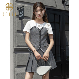 T恤拼接式 百丝休闲日常穿搭短袖 假两件圆领上衣女 新品 2025秋季