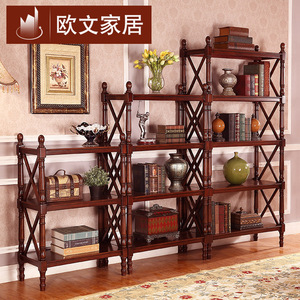 新款美式乡村实木书架书房家用简易落地置物架多层学生经济型收纳