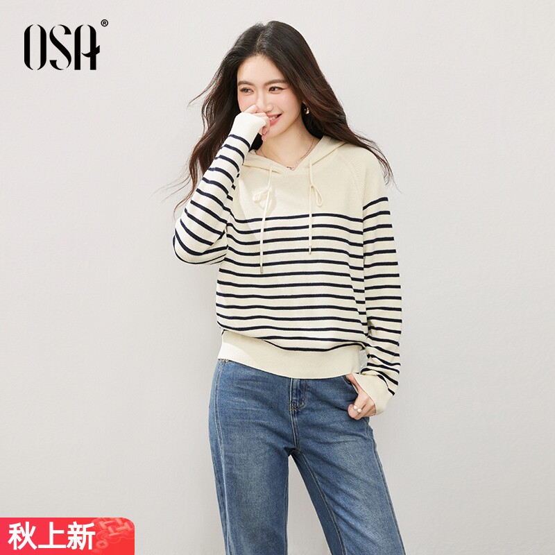 [新品]OSA欧莎连帽条纹毛衣2025秋季女装新款通勤百搭宽松针织衫