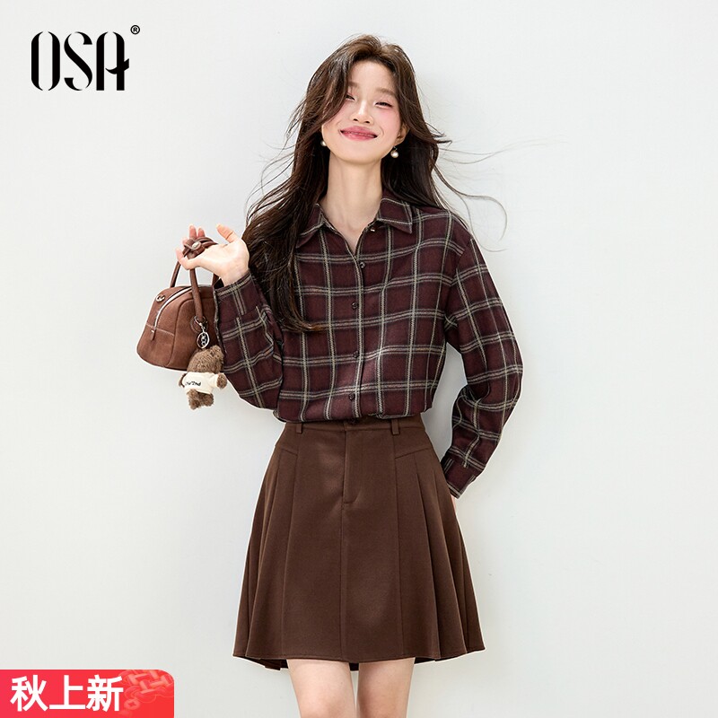 OSA欧莎复古撞色格纹衬衫女装衬衫