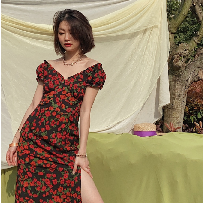 sibleu法式连衣裙新中式清冷松弛感穿搭泡泡袖玫瑰印花早秋女装