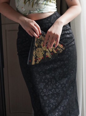 sibleu法式原创改良中式黑色弹力提花包臀裙