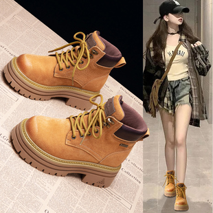 厚底马丁靴女棕色春季靴子短靴2026新款女款皮靴女靴真皮靴大黄靴