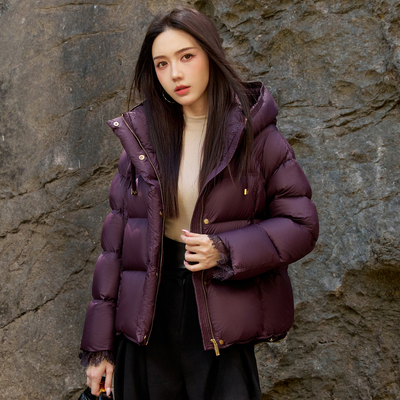 女95白鸭绒蕾丝连帽短款羽绒服女