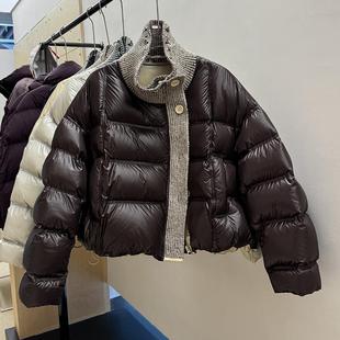 亮面设计感90白鸭绒面包服小个子外套 新款 针织领短款 羽绒服女冬季