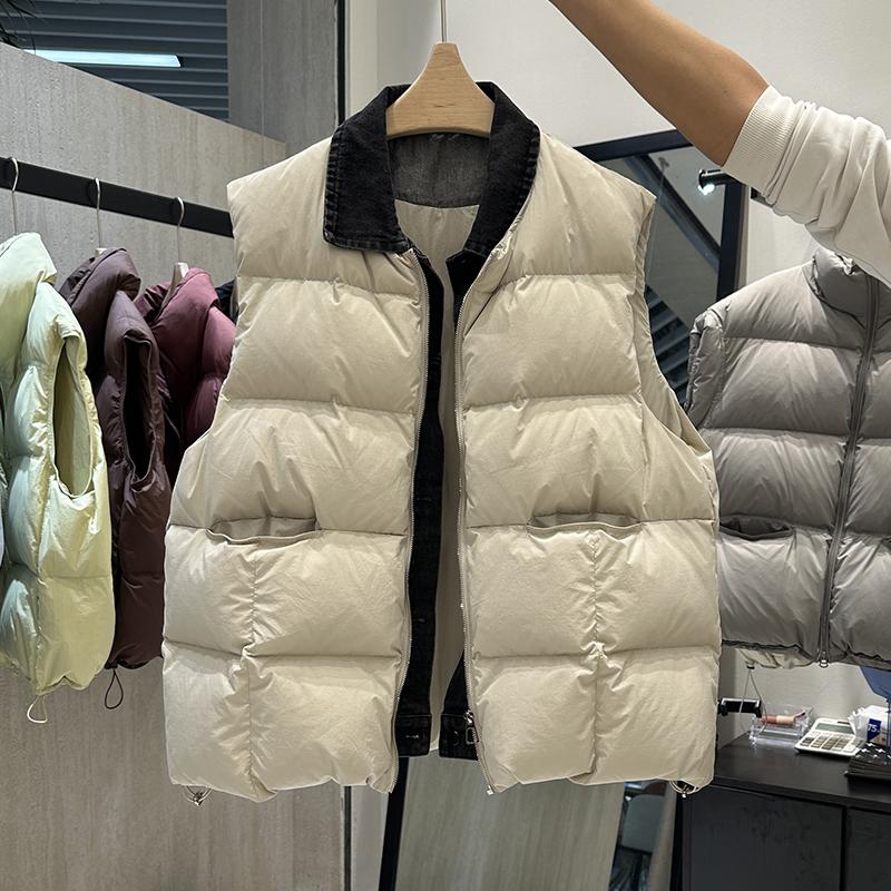 翻领韩版大码牛仔羽绒马甲女加厚